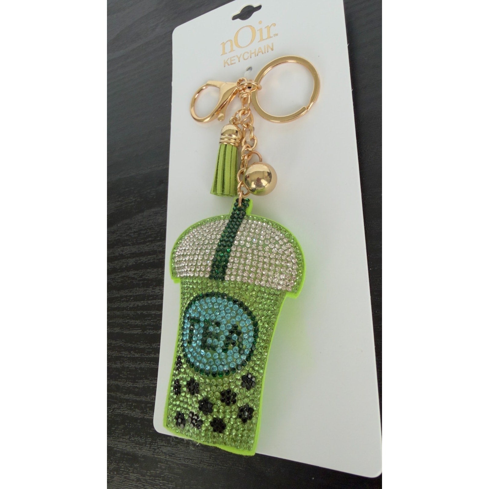 Bling Rhinestone Green Boba Tea Puffy Keychain - Tassel Bag Charm - NEW