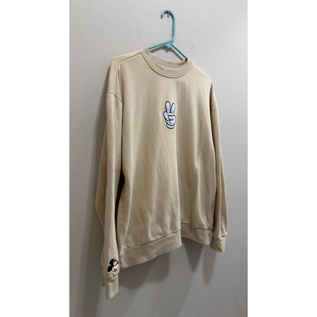 Disney Parks Mickey Mouse Peace Sign Beige Crewneck Sweatshirt Adult Large