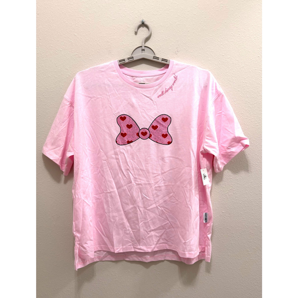 Disney Parks Women's Minnie Mouse Sequin Bow & Hearts Pink T-Shirt Large NWT
