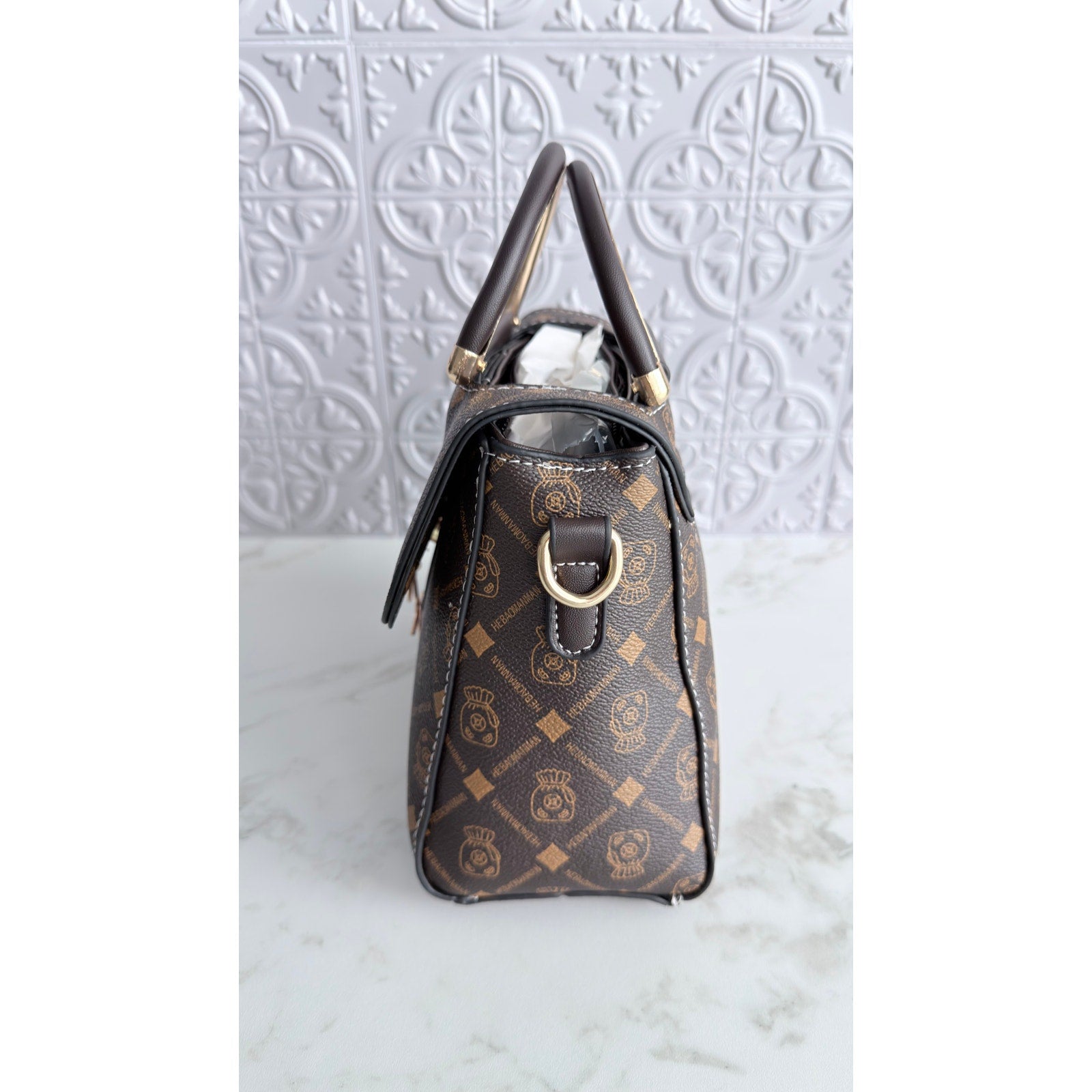 Mickey Mouse Charm Satchel Bag Women’s Tote Handbag Brown Gold NWT