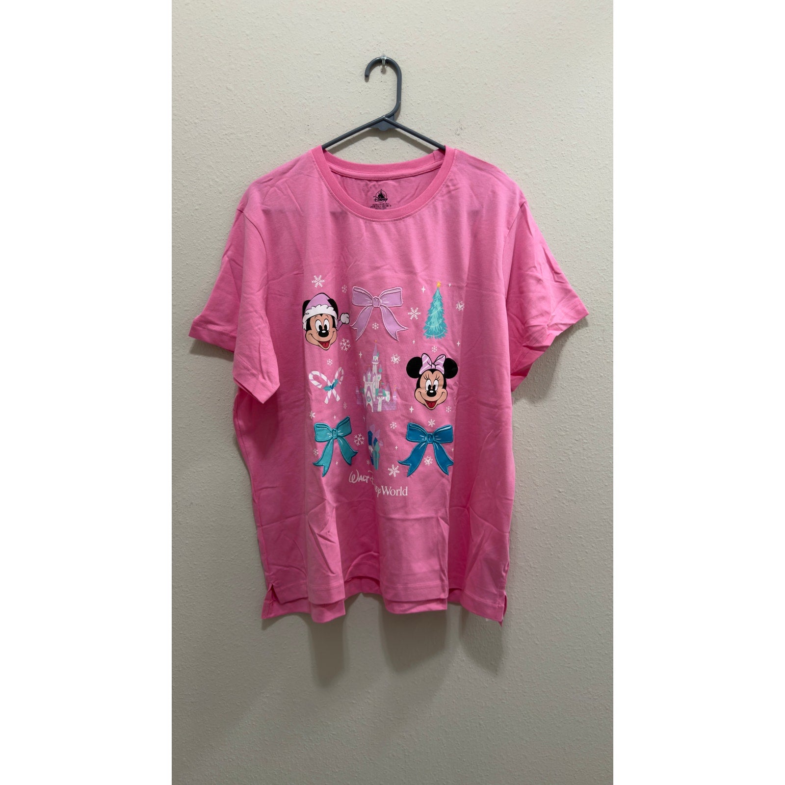 Disney Parks Walt Disney World Mickey Minnie Mouse Pink Holiday Tee Large NWT
