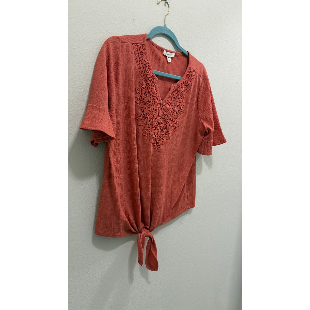 Como Blu Women's Petite XL Rust Terracotta Crochet Lace V-Neck Tie Front