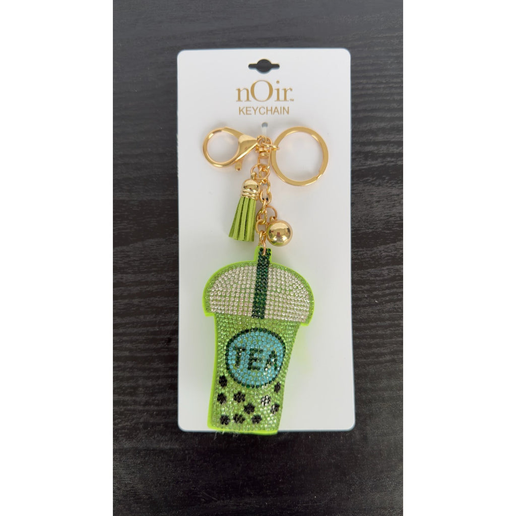 Bling Rhinestone Green Boba Tea Puffy Keychain - Tassel Bag Charm - NEW