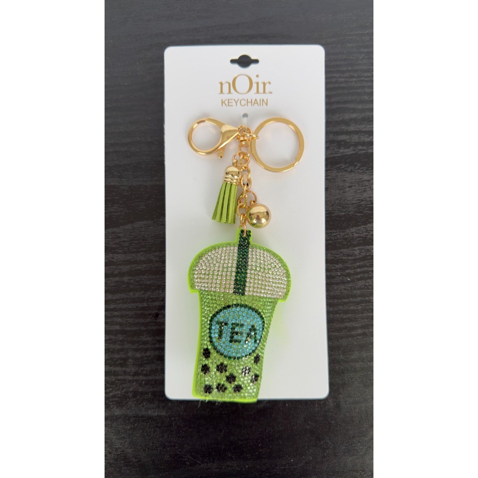 Bling Rhinestone Green Boba Tea Puffy Keychain - Tassel Bag Charm - NEW