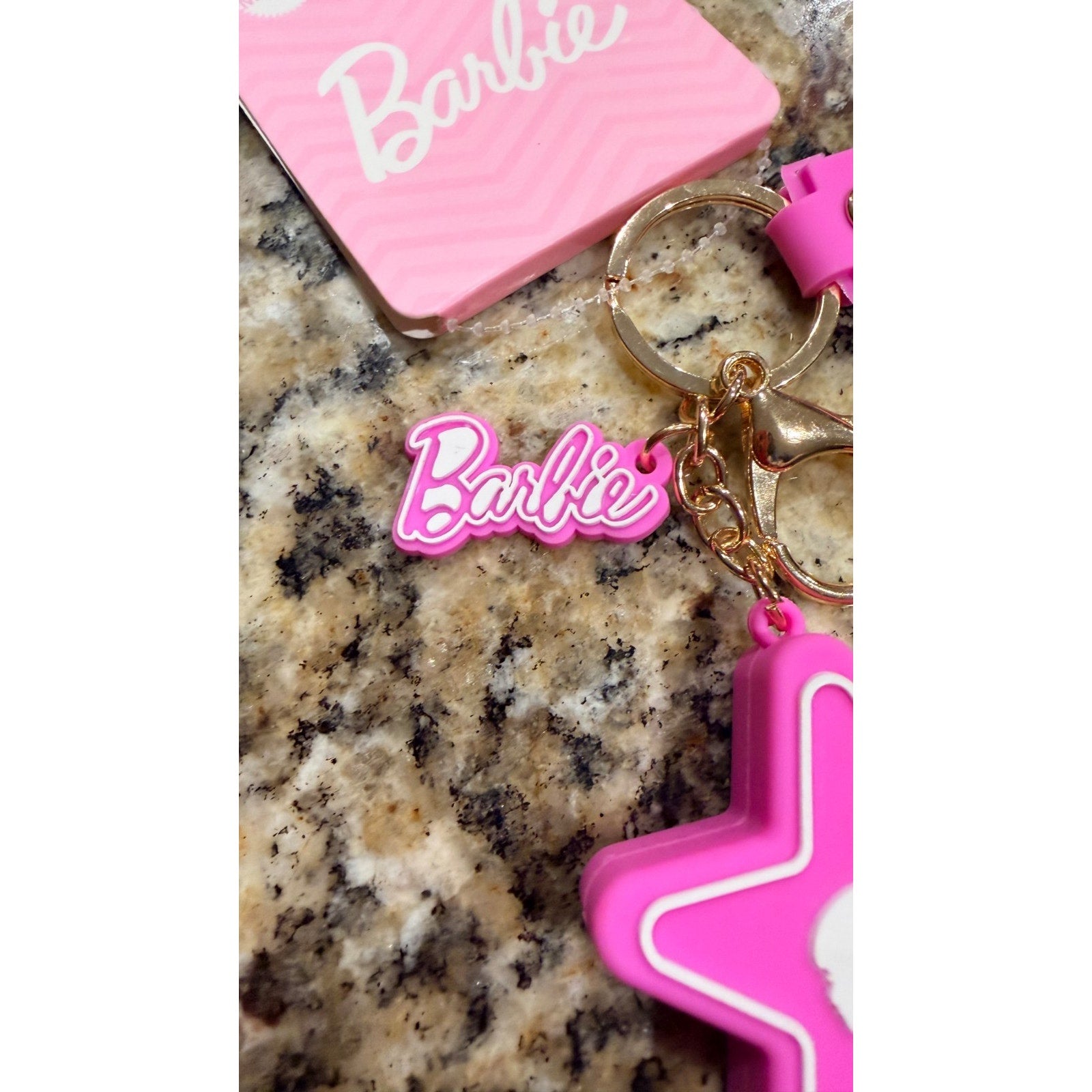 NEW Barbie Iconic Pink Logo Keychain Purse Charm Pink and White