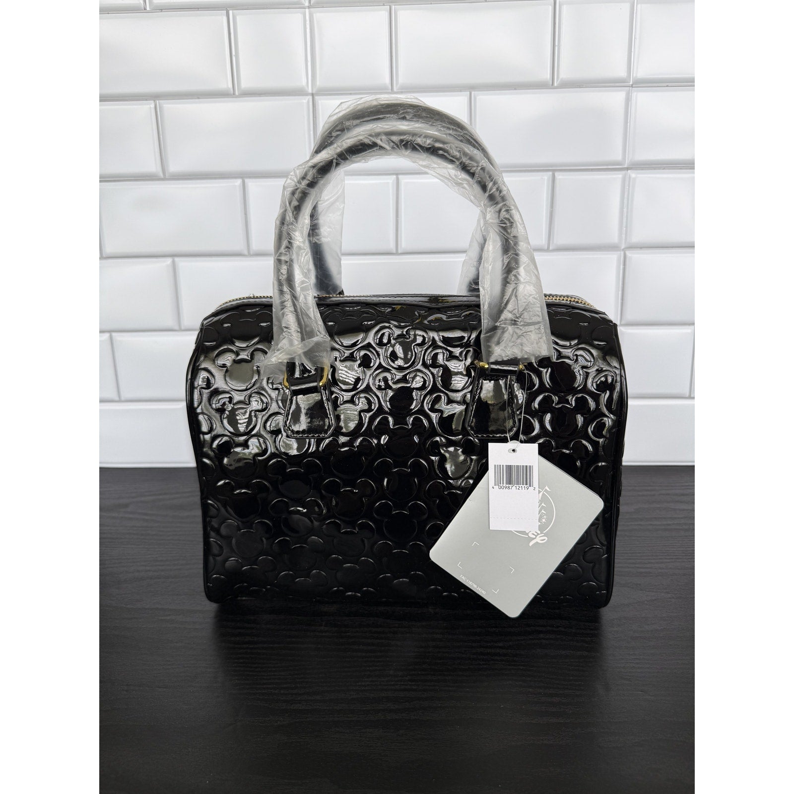 Disney Parks Black Embossed Mickey Mouse Medium Handbag Gold Hardware NWT