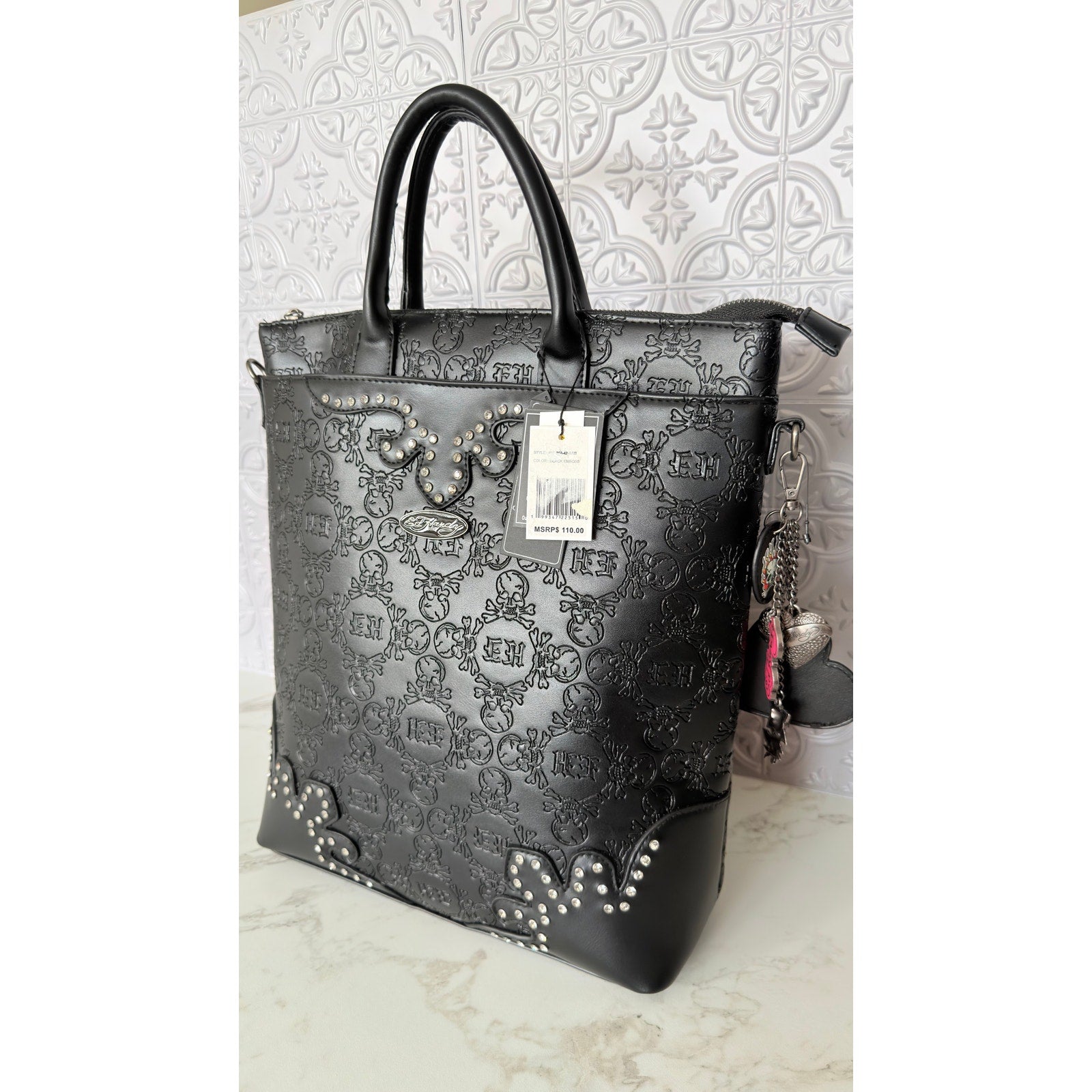 Ed Hardy Embossed Skull Studded Convertible Backpack Tote Handbag Black NWT