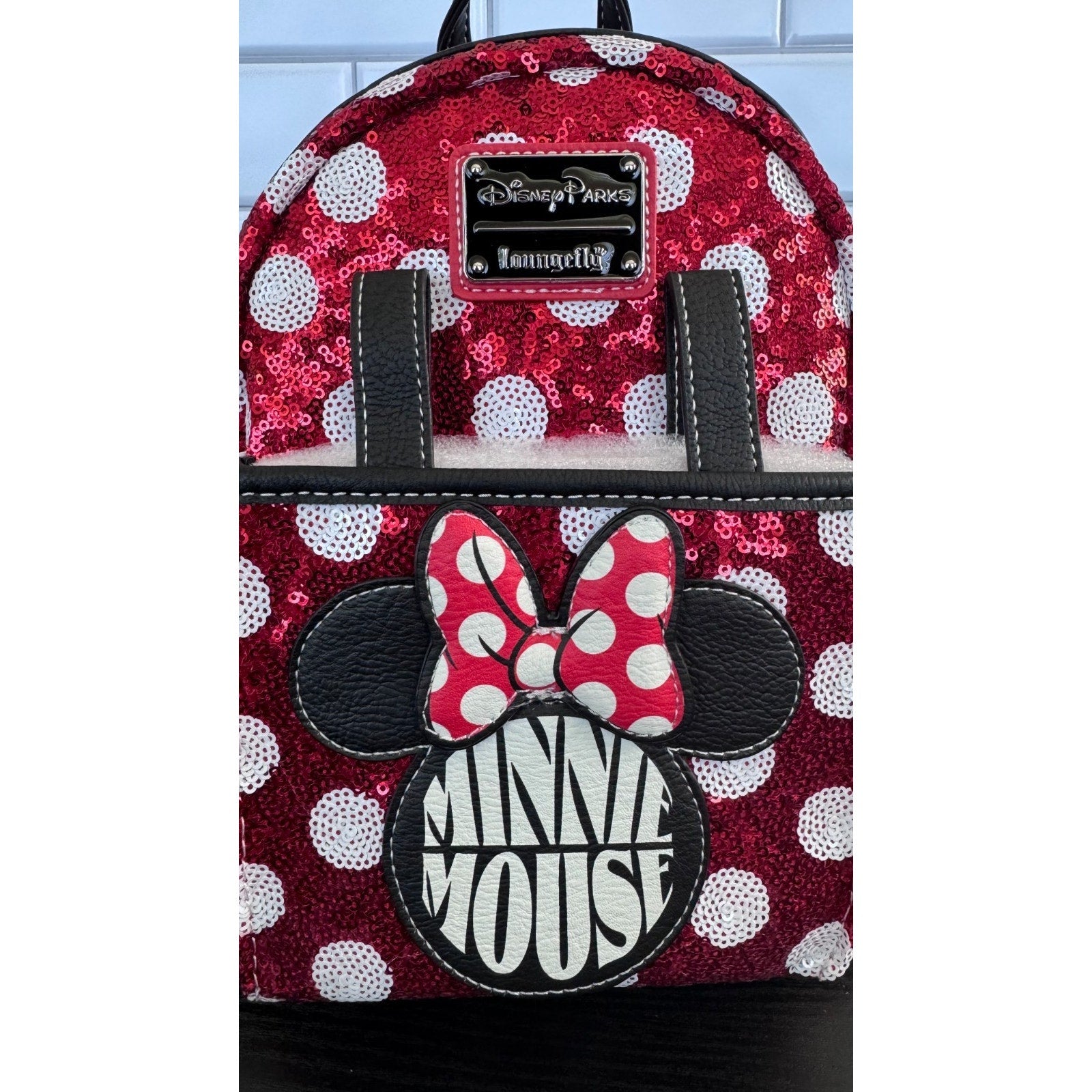 Disney Parks Loungefly Minnie Mouse Polka Dot Red Sequin Mini Backpack 2024 NWT