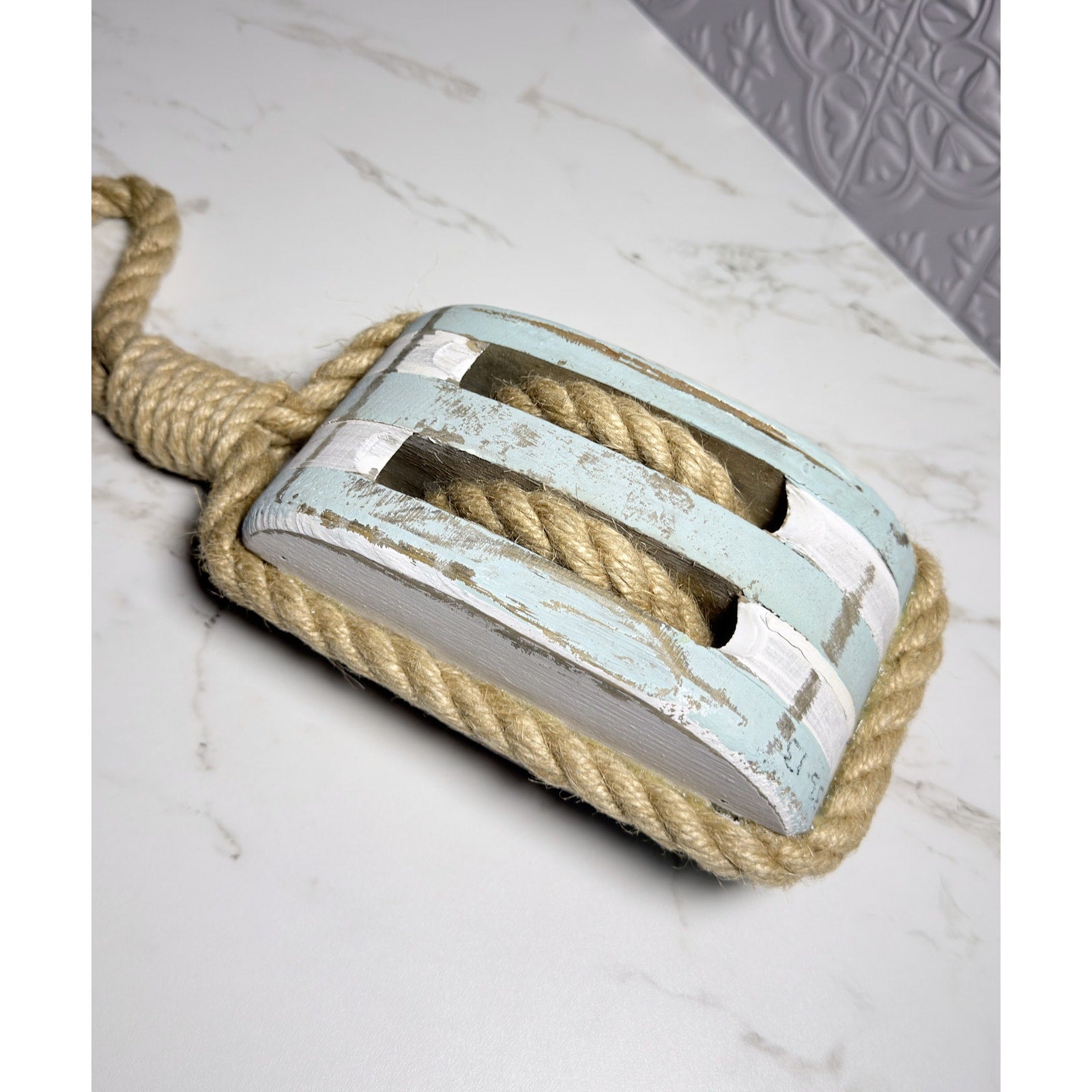 DecMode Blue Wood Pulley Sail Boat Wall Decor Coastal Distressed Nautical Art