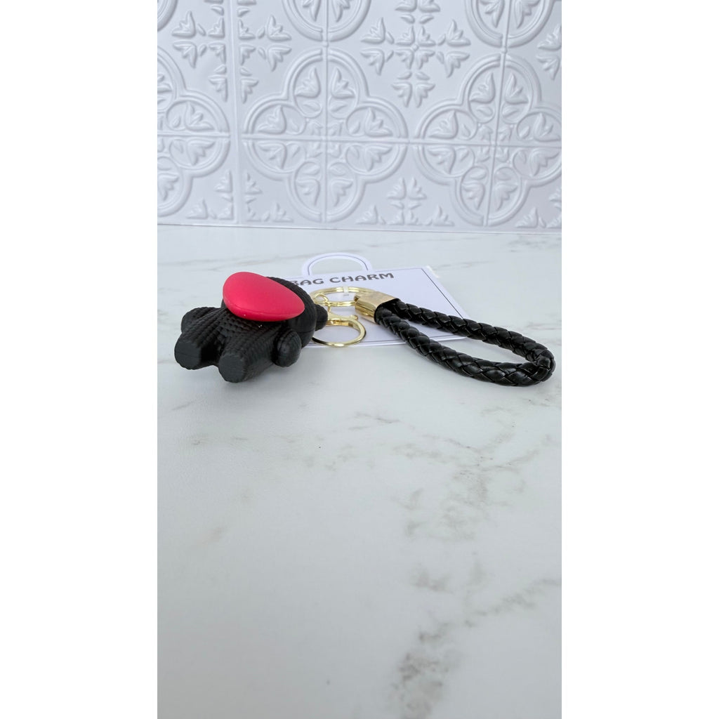 Creative Heart Bear Bag Charm Keychain – Black Braided Strap – New