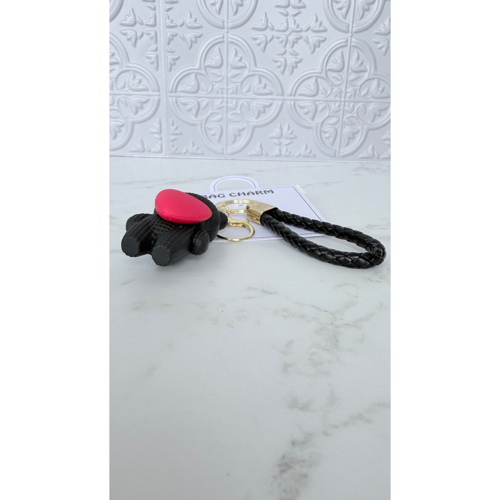 Creative Heart Bear Bag Charm Keychain – Black Braided Strap – New