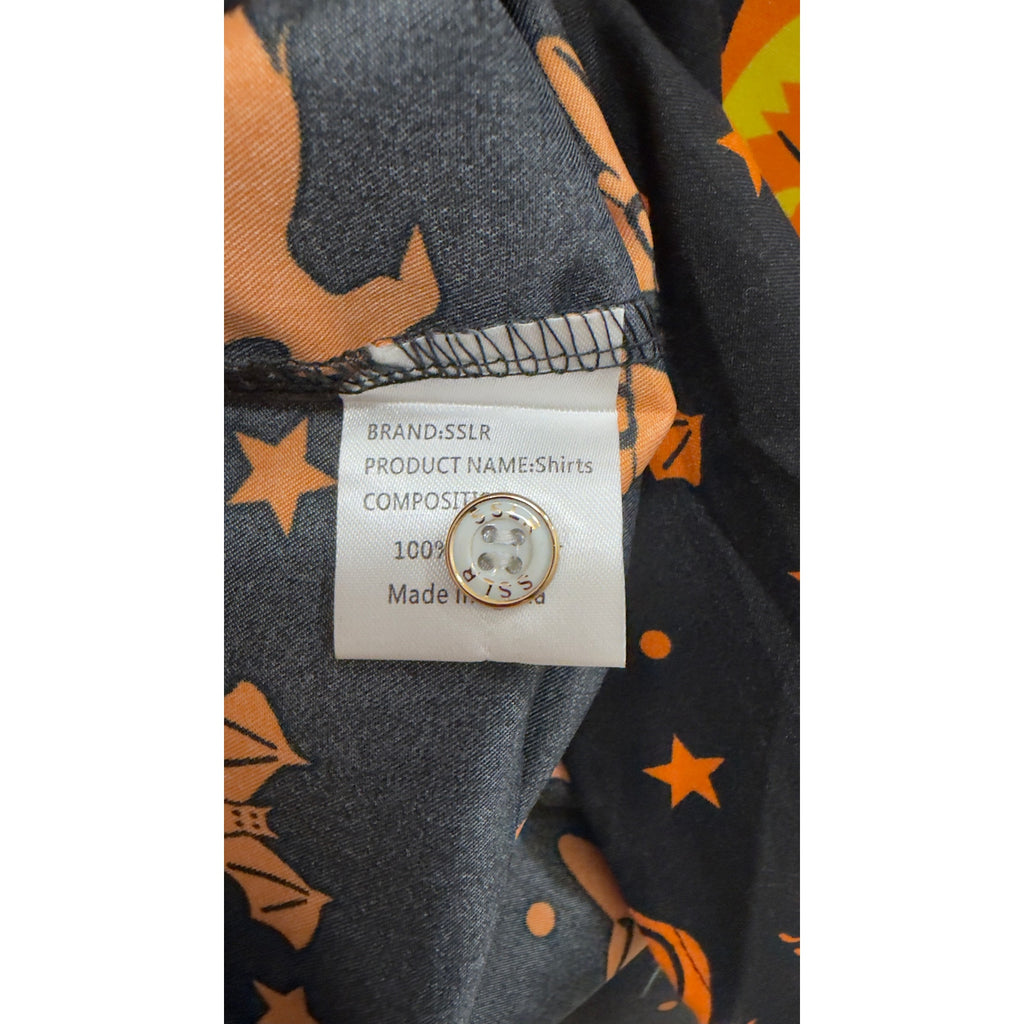 SSLR Men's Halloween Button-Down Shirt Witches Pumpkins Cats Short Sleeve Large