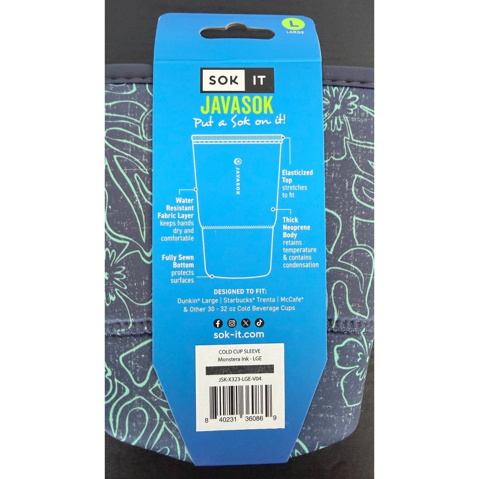 JavaSok "Monstera" Iced Coffee Sleeve - Large 30-32oz NWT