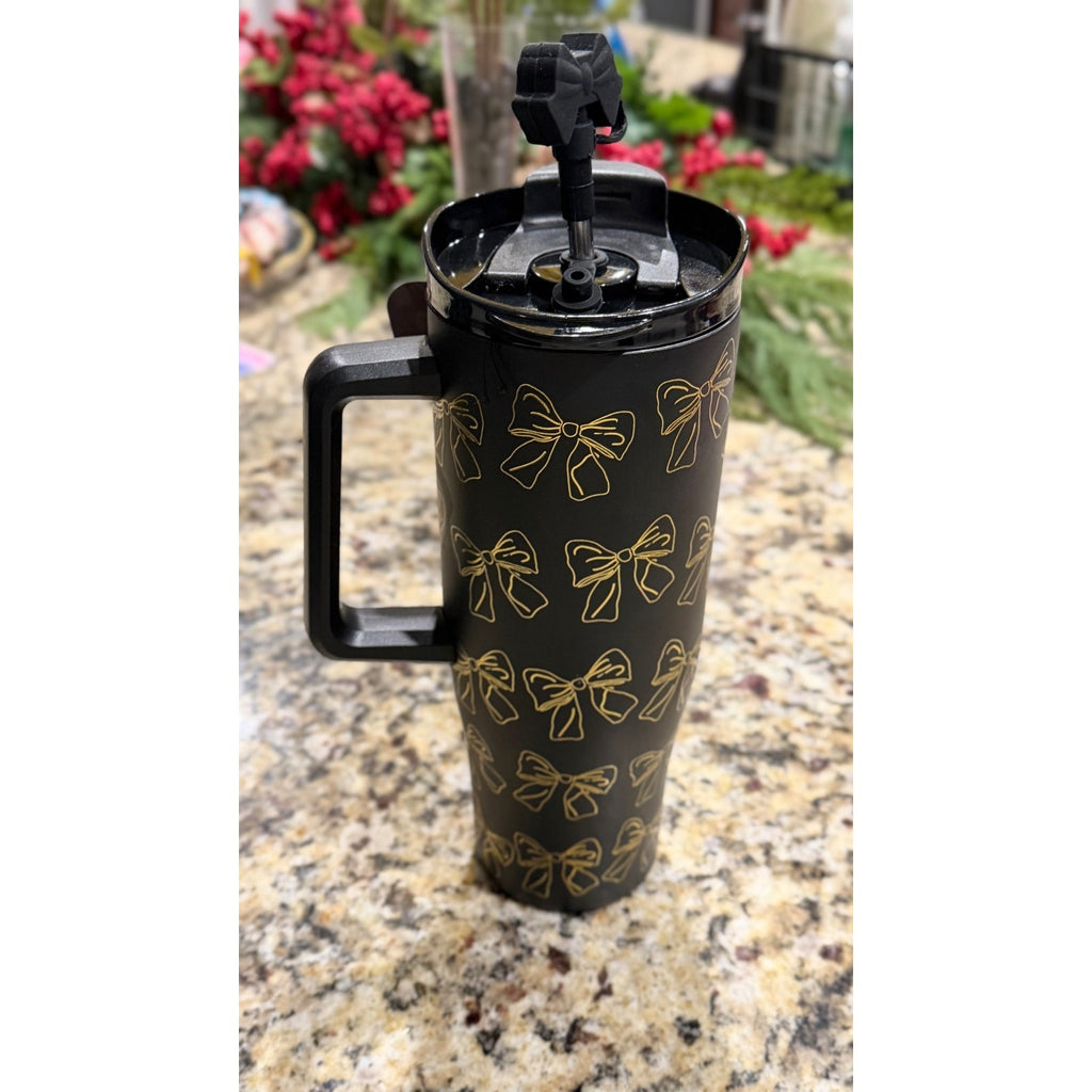 Wellness 40oz Hydration Tumbler - Black with Gold Bows - NWT