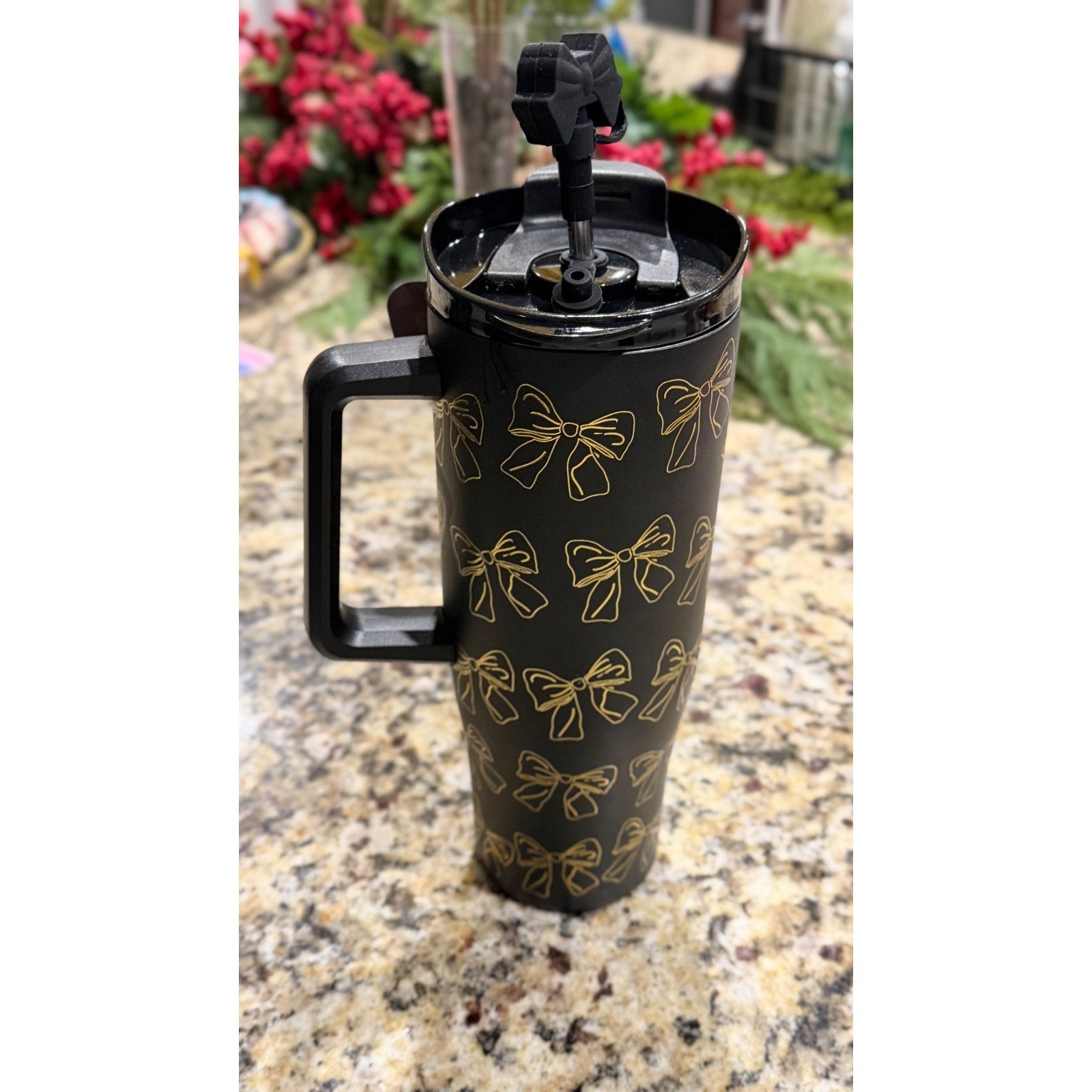 Wellness 40oz Hydration Tumbler - Black with Gold Bows - NWT