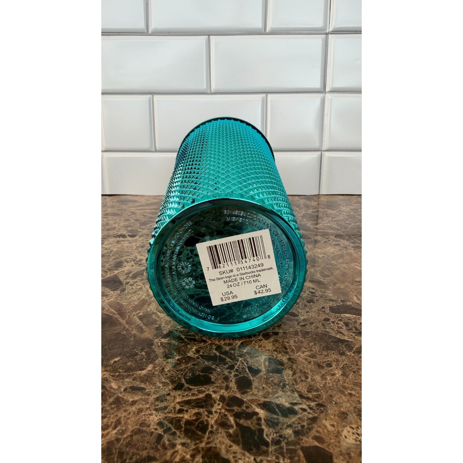 NWT Starbucks Metallic Chrome Teal Blue Studded 24oz Tumbler & Ornament