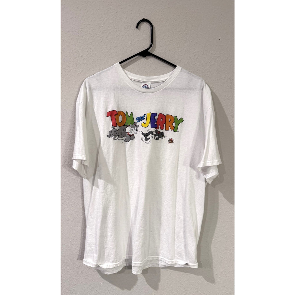 Tom & Jerry Throwback T-Shirt White Graphic Crew Neck Tee Adult XL