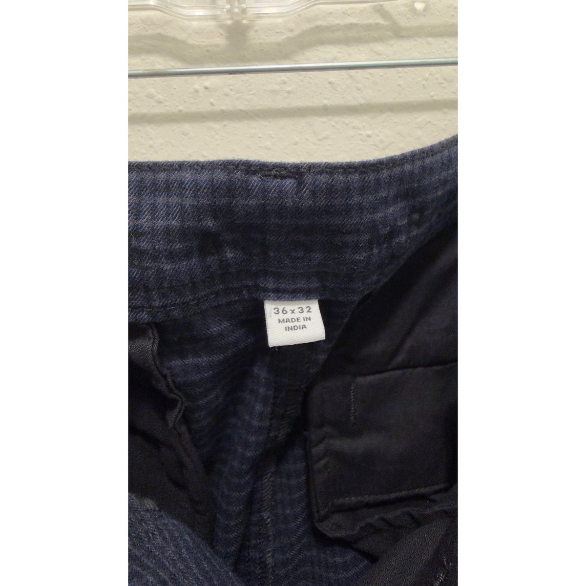 Mens Navy Blue Micro Check Plaid Trousers Dress Pants 36x32 Stretch Chino Slacks