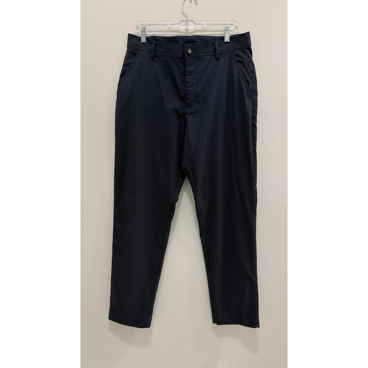Mens Navy Blue Micro Check Plaid Trousers Dress Pants 36x32 Stretch Chino Slacks