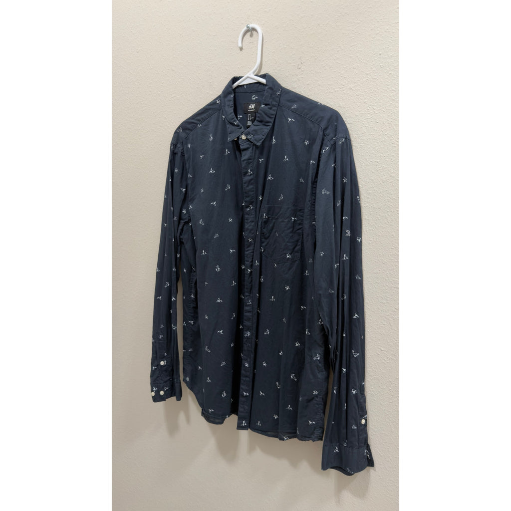 H&M Men's Origami Geometric Print Long Sleeve Button Down Shirt Navy Blue Large