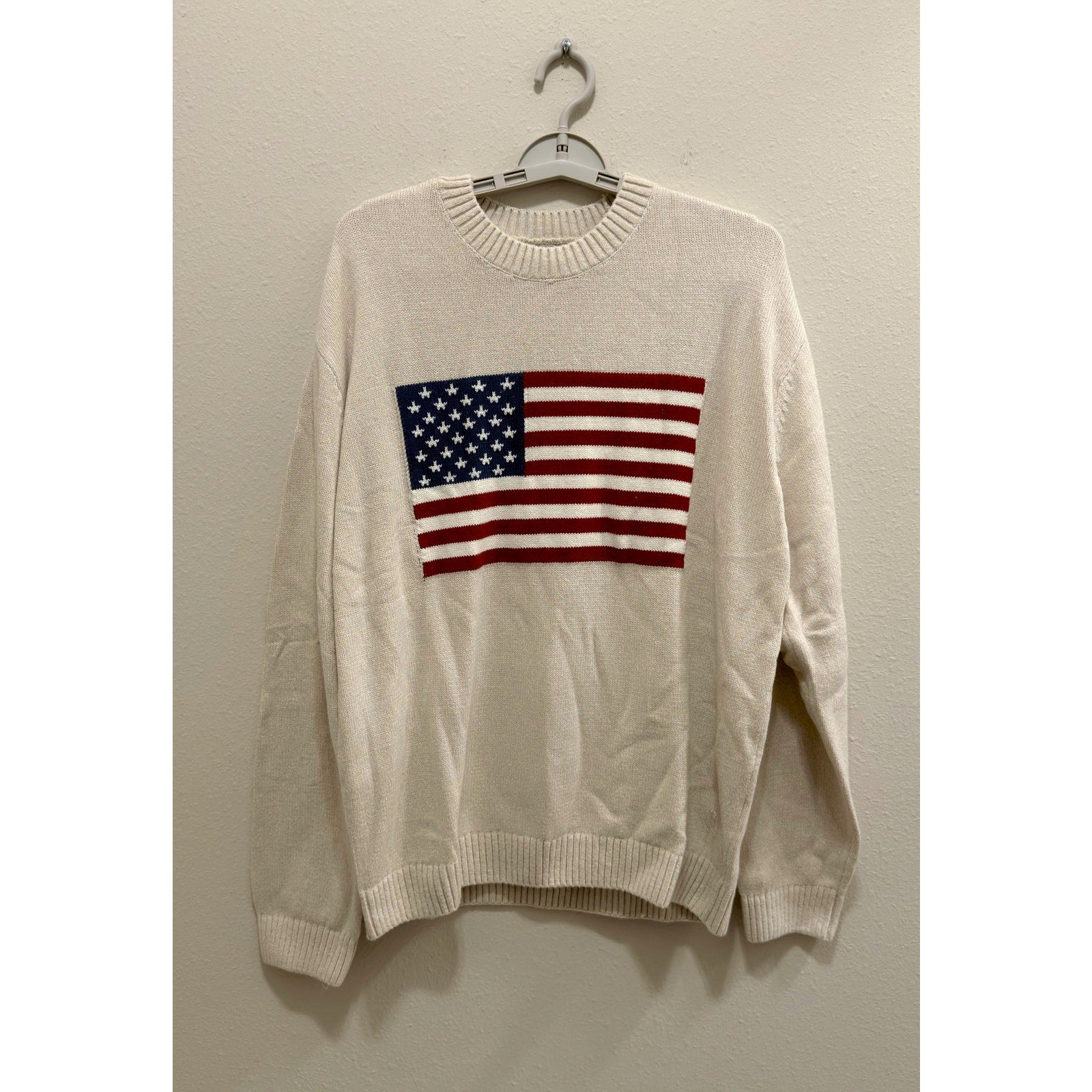 Hollister American Flag Graphic Knit Sweater Cream Beige Men's Large NWT