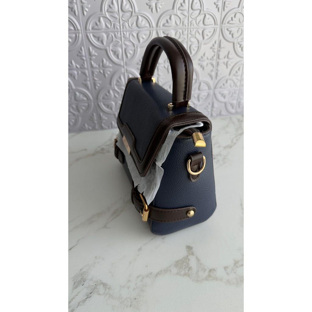 Navy Blue & Brown PU Leather Satchel Crossbody Handbag Top Handle Purse NEW