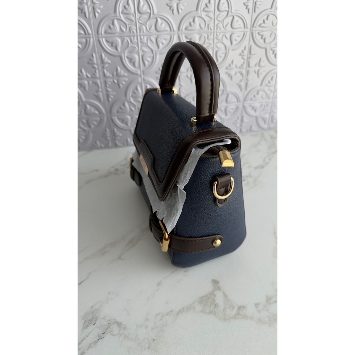 Navy Blue & Brown PU Leather Satchel Crossbody Handbag Top Handle Purse NEW