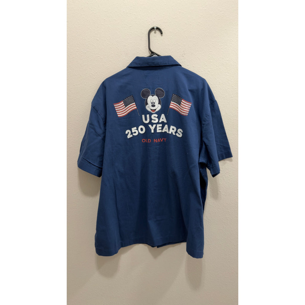 Old Navy x Disney Men's XL Mickey Mouse USA 250 Years Twill Camp Shirt Blue NWT