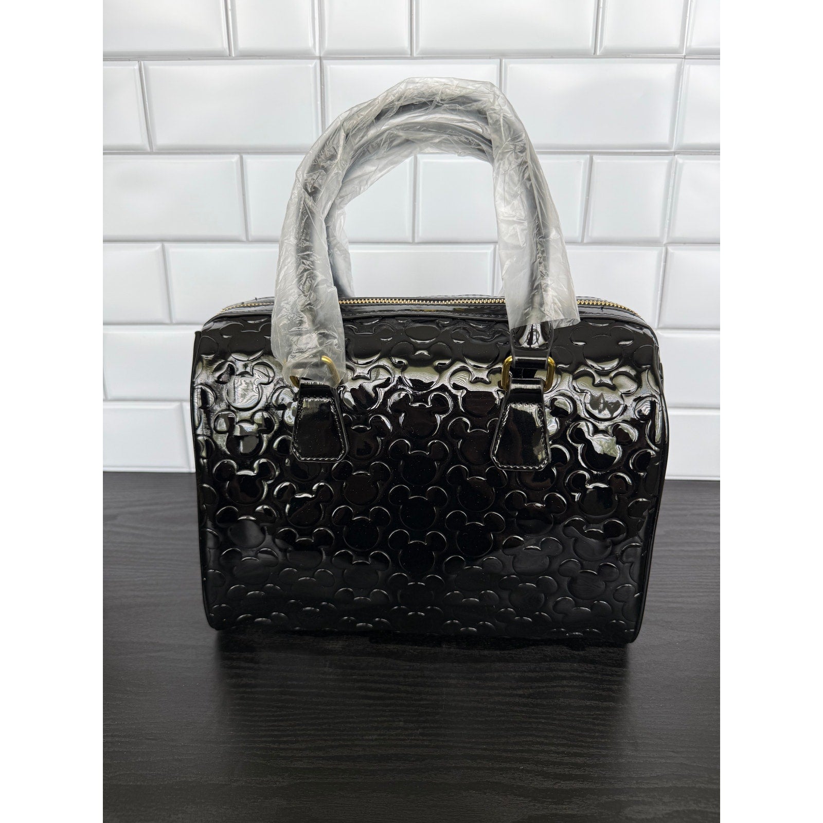 Disney Parks Black Embossed Mickey Mouse Medium Handbag Gold Hardware NWT