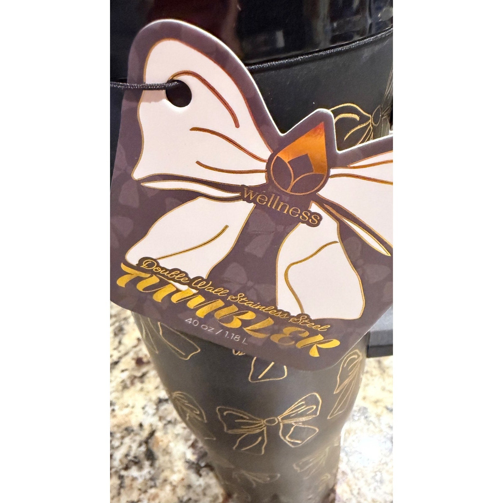 Wellness 40oz Hydration Tumbler - Black with Gold Bows - NWT
