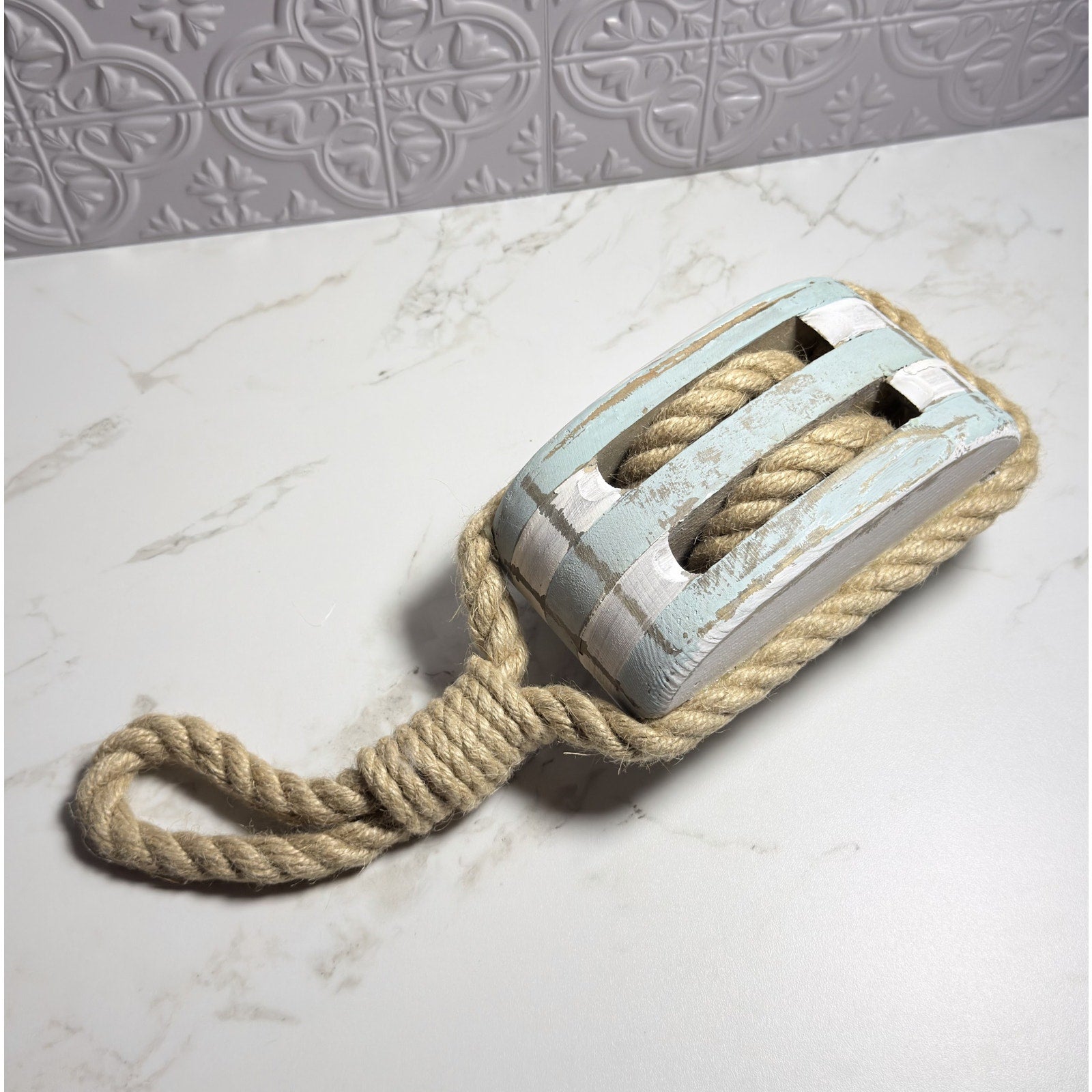 DecMode Blue Wood Pulley Sail Boat Wall Decor Coastal Distressed Nautical Art