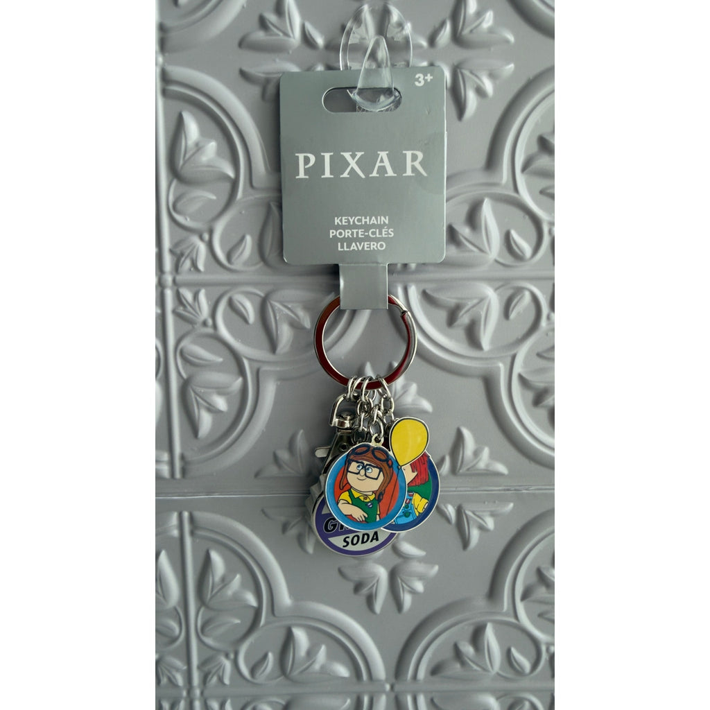 Disney Pixar Up Keychain Carl Ellie Grape Soda Cap 3 Charms NEW