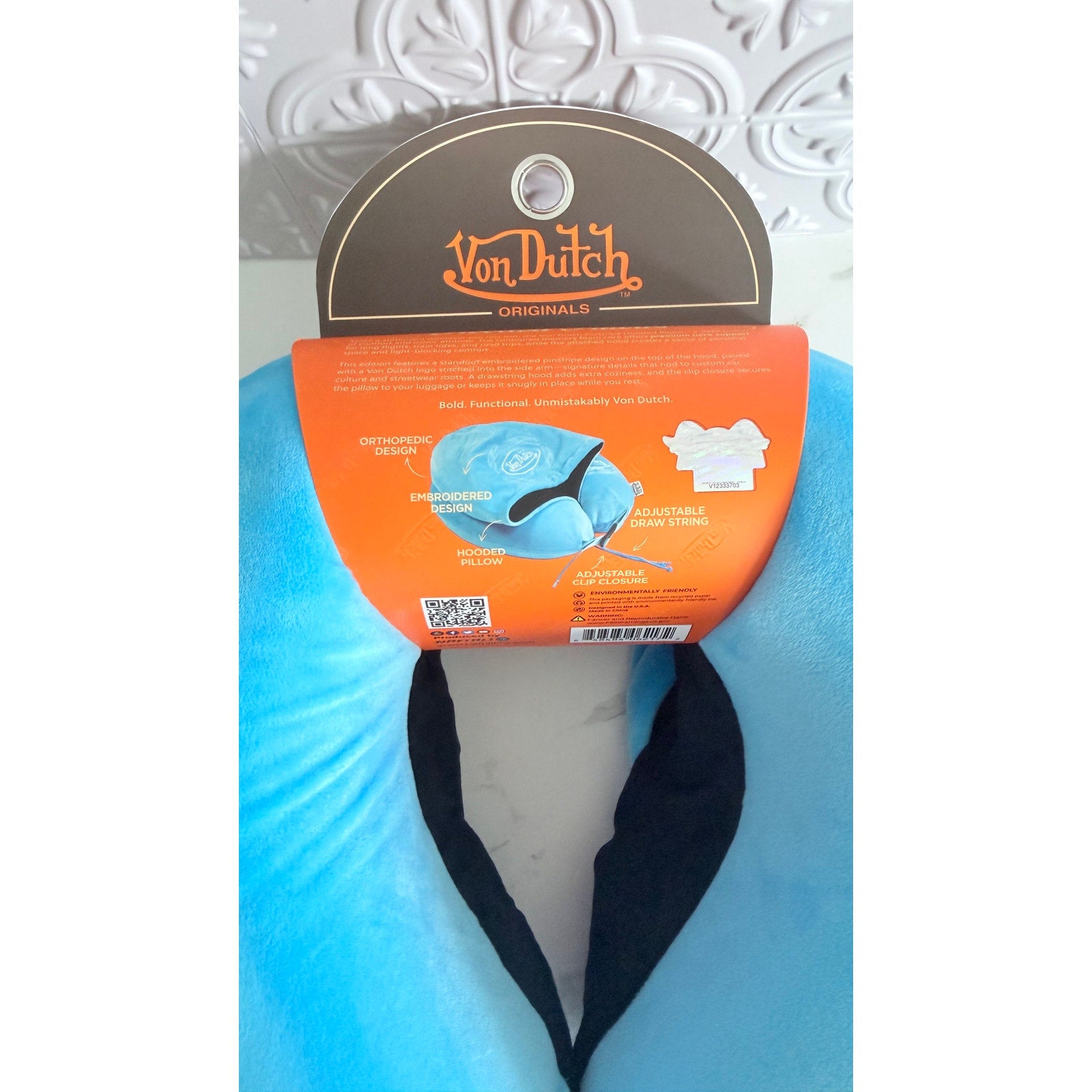 NEW Von Dutch Originals Hooded Memory Foam Travel Neck Pillow - Pinstripe Blue