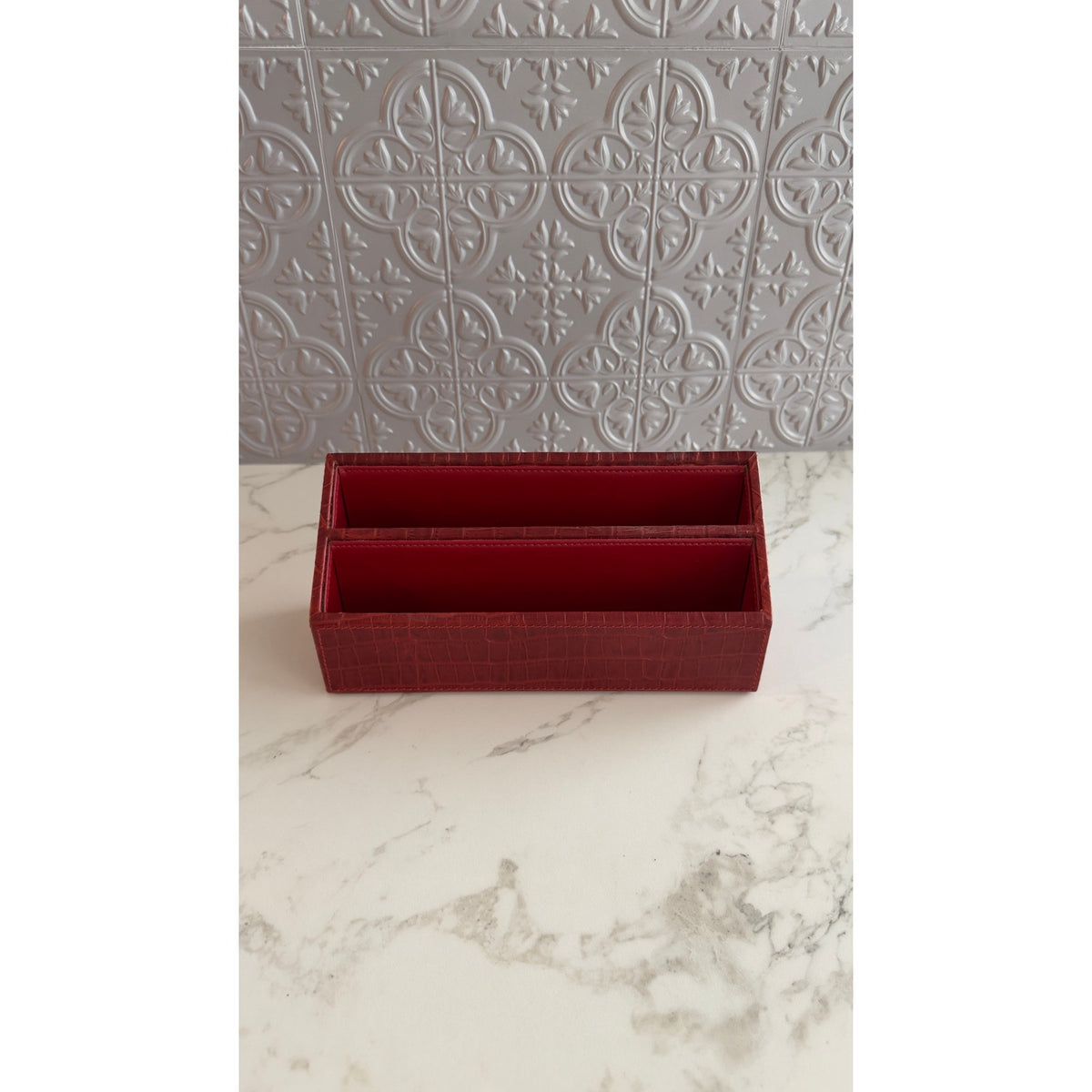 Genuine Leather Red Croc Embossed Desk Organizer Letter Mail Holder Storage