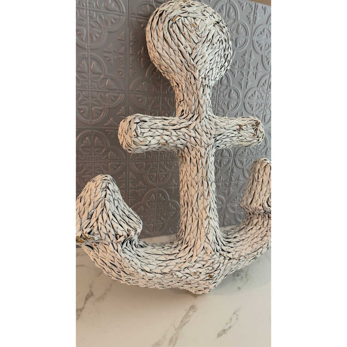 Nautical White Faux Wicker Anchor Wall Hanging Decor Distressed Coastal Beach