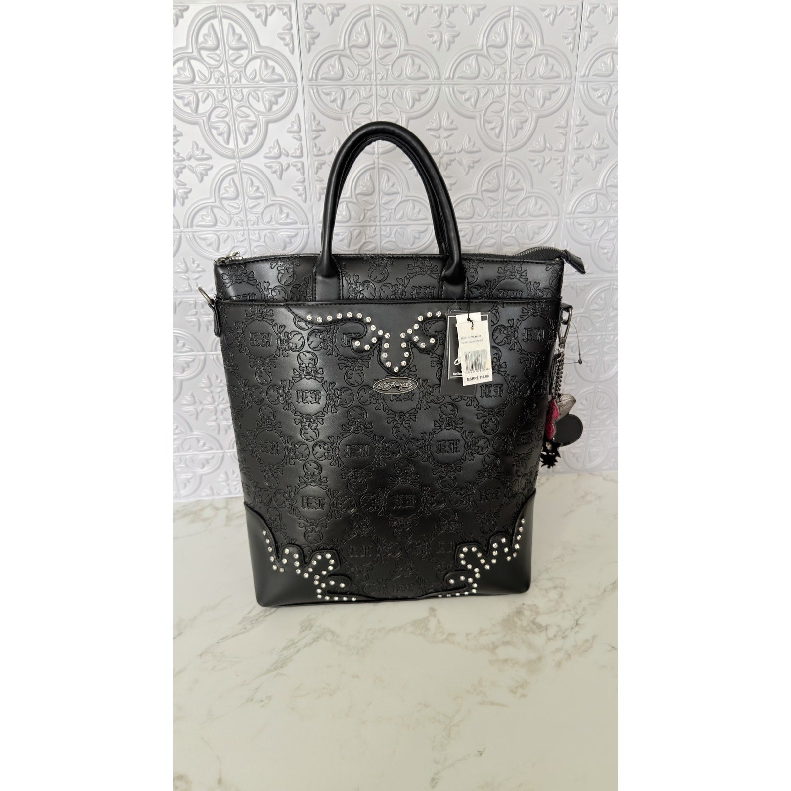 Ed Hardy Embossed Skull Studded Convertible Backpack Tote Handbag Black NWT