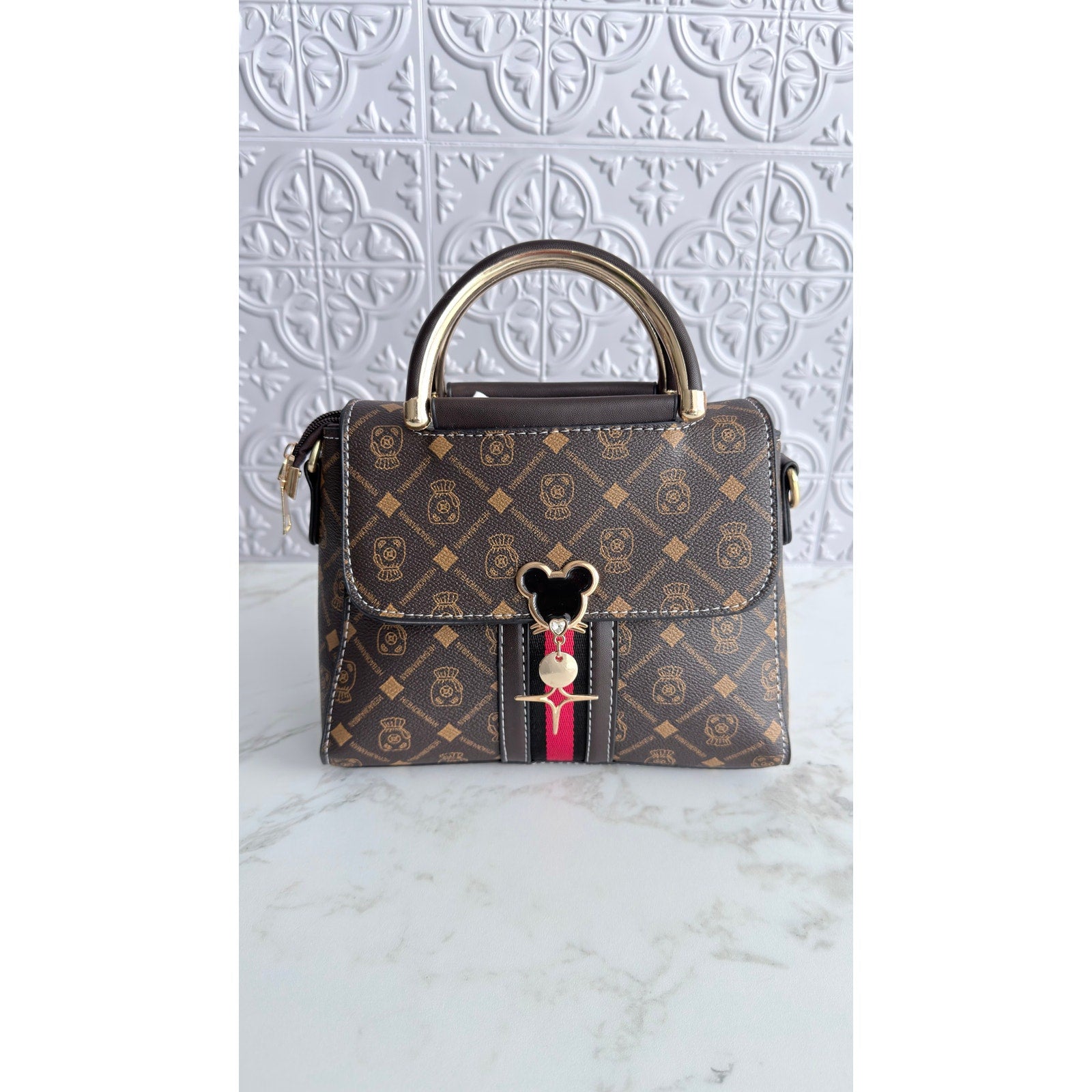Mickey Mouse Charm Satchel Bag Women’s Tote Handbag Brown Gold NWT