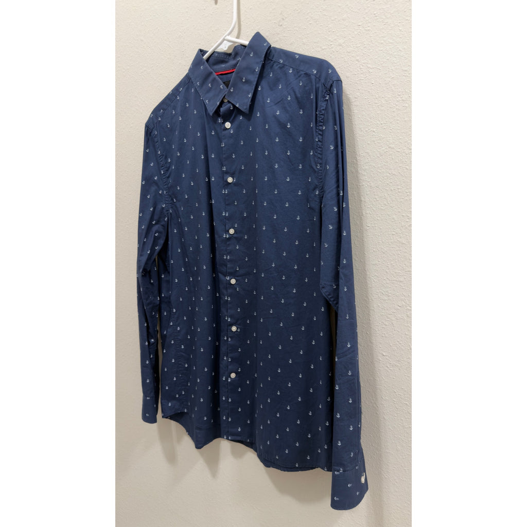H&M Men's Long Sleeve Button-Down Shirt - Navy Anchor Print Size Large