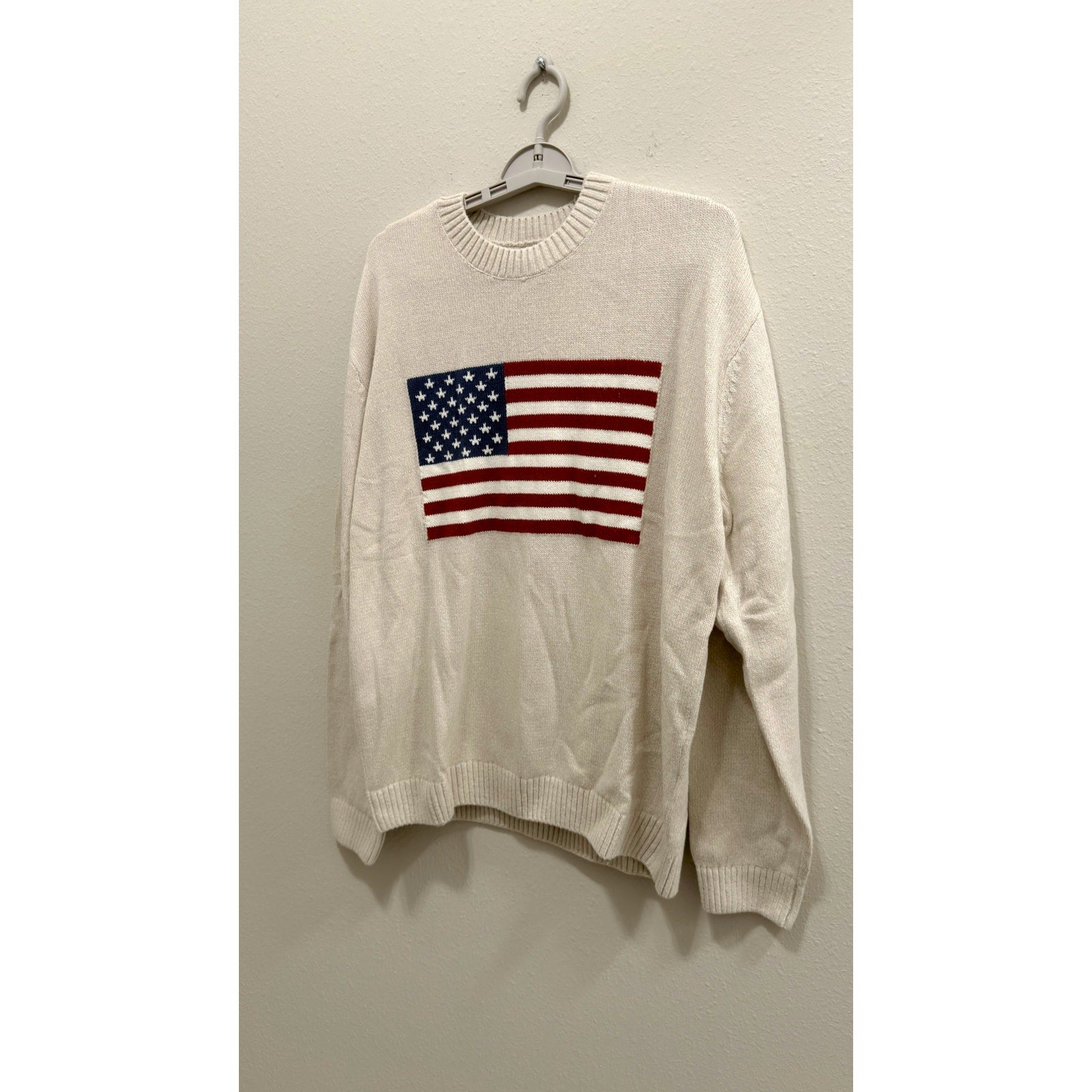 Hollister American Flag Graphic Knit Sweater Cream Beige Men's Large NWT