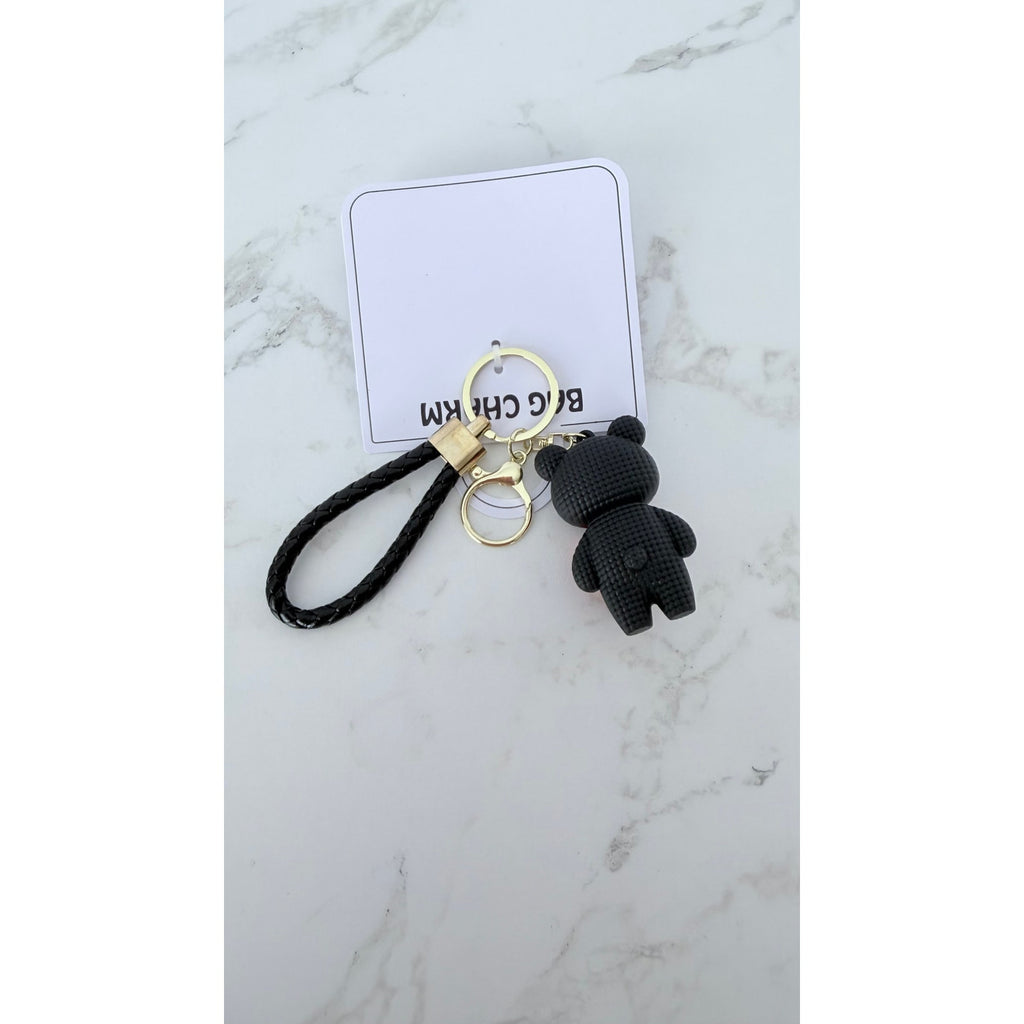 Creative Heart Bear Bag Charm Keychain – Black Braided Strap – New