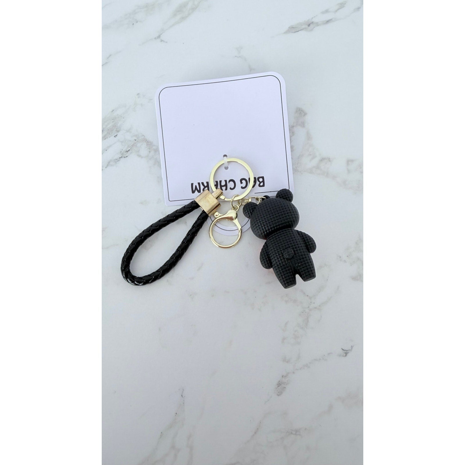 Creative Heart Bear Bag Charm Keychain – Black Braided Strap – New