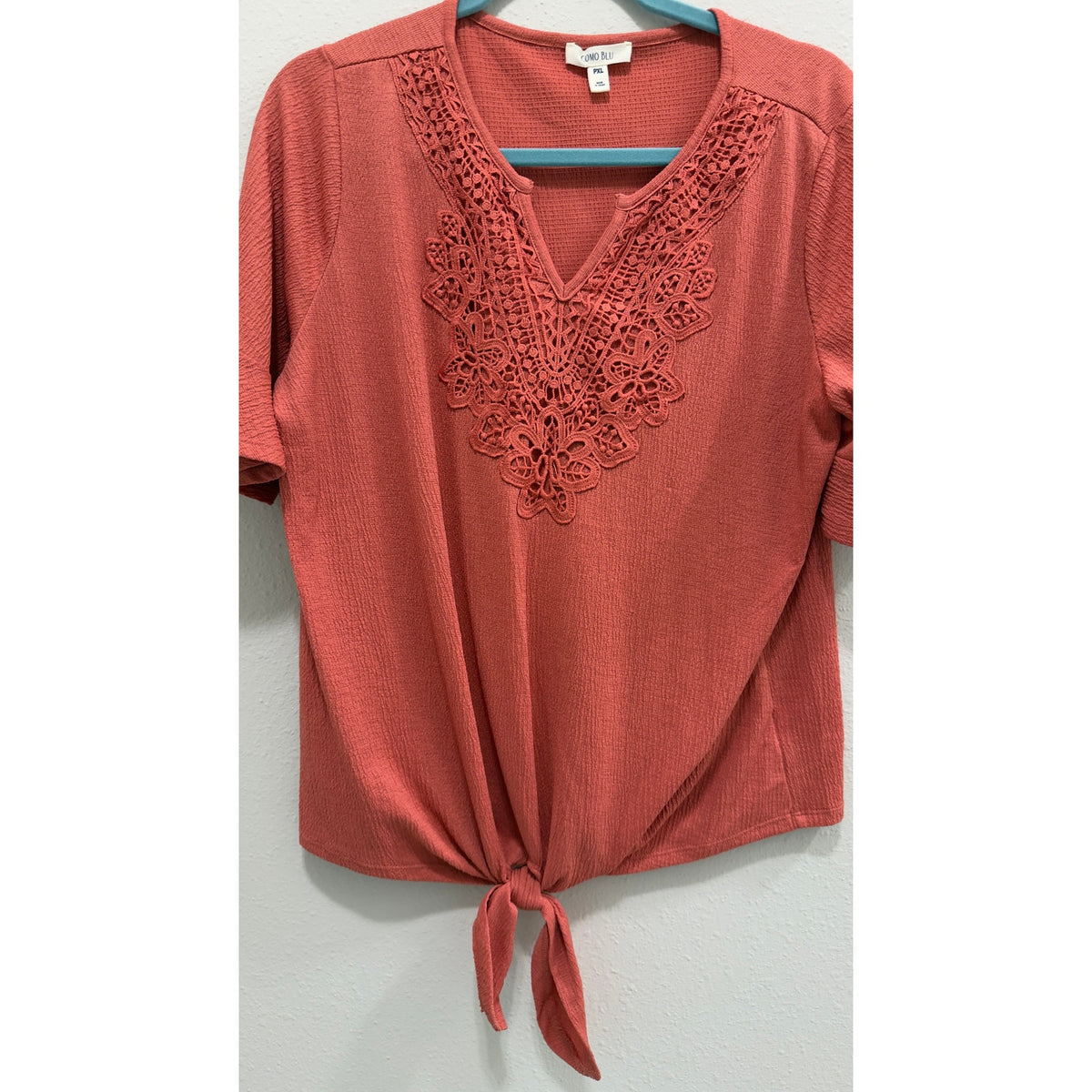 Como Blu Women's Petite XL Rust Terracotta Crochet Lace V-Neck Tie Front