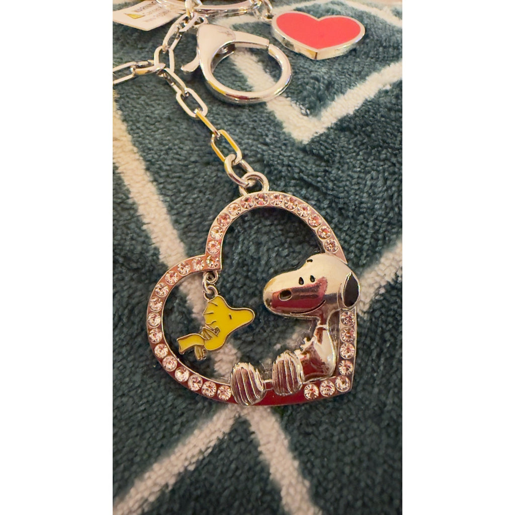 NWT Peanuts Snoopy & Woodstock Yellow Pom Pom Heart Bag Tag Keychain