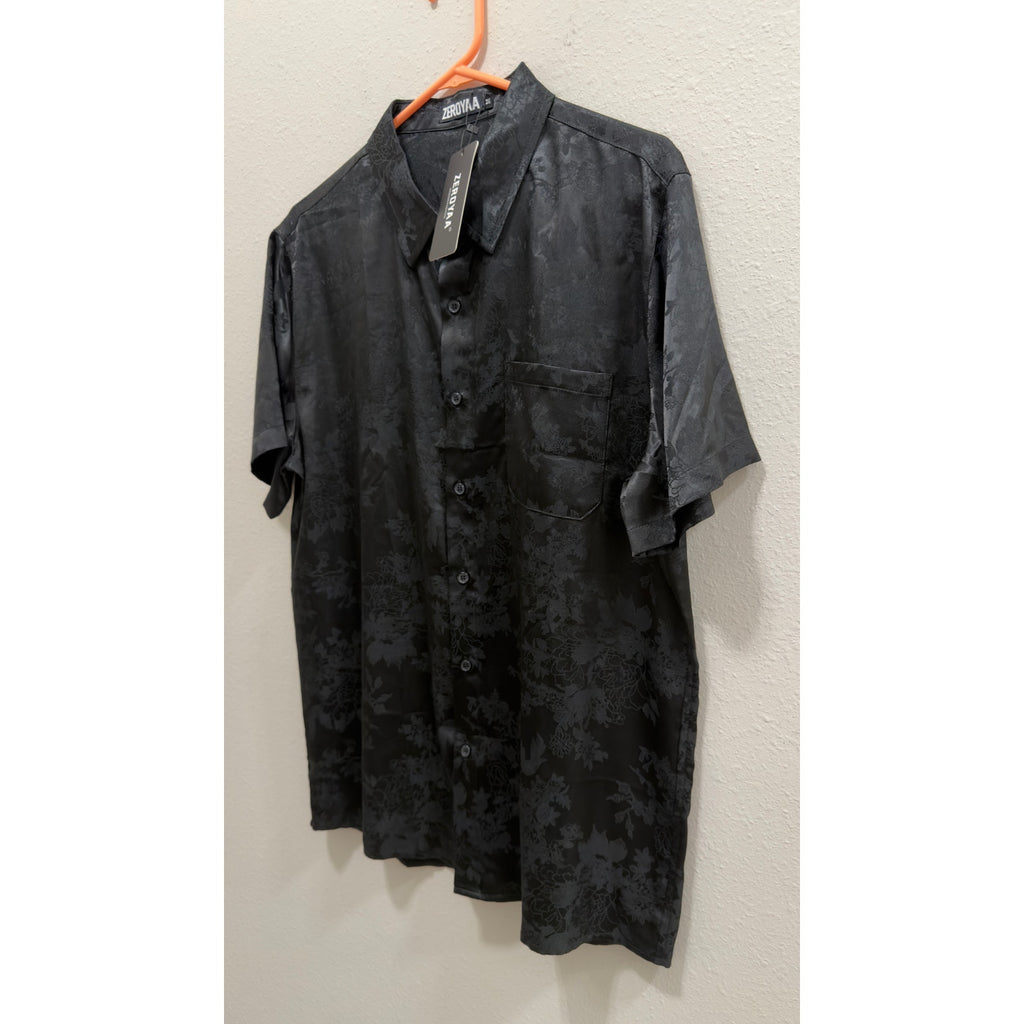 ZEROYAA Men's Luxury Satin Floral Jacquard Short Sleeve Button Down Shirt Medium