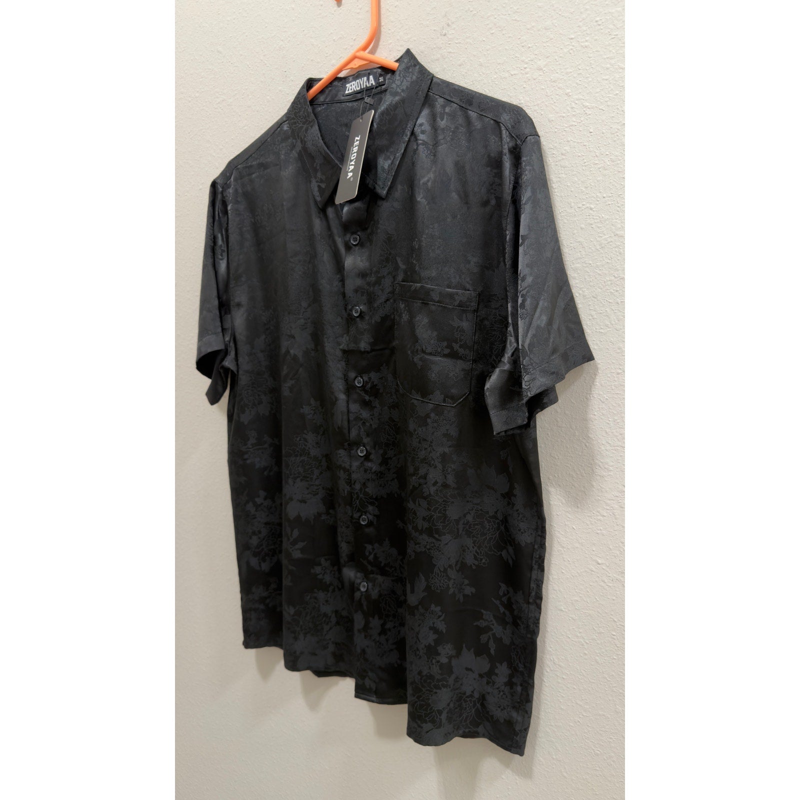 ZEROYAA Men's Luxury Satin Floral Jacquard Short Sleeve Button Down Shirt Medium