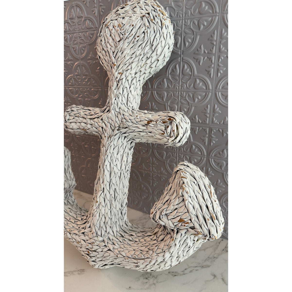 Nautical White Faux Wicker Anchor Wall Hanging Decor Distressed Coastal Beach