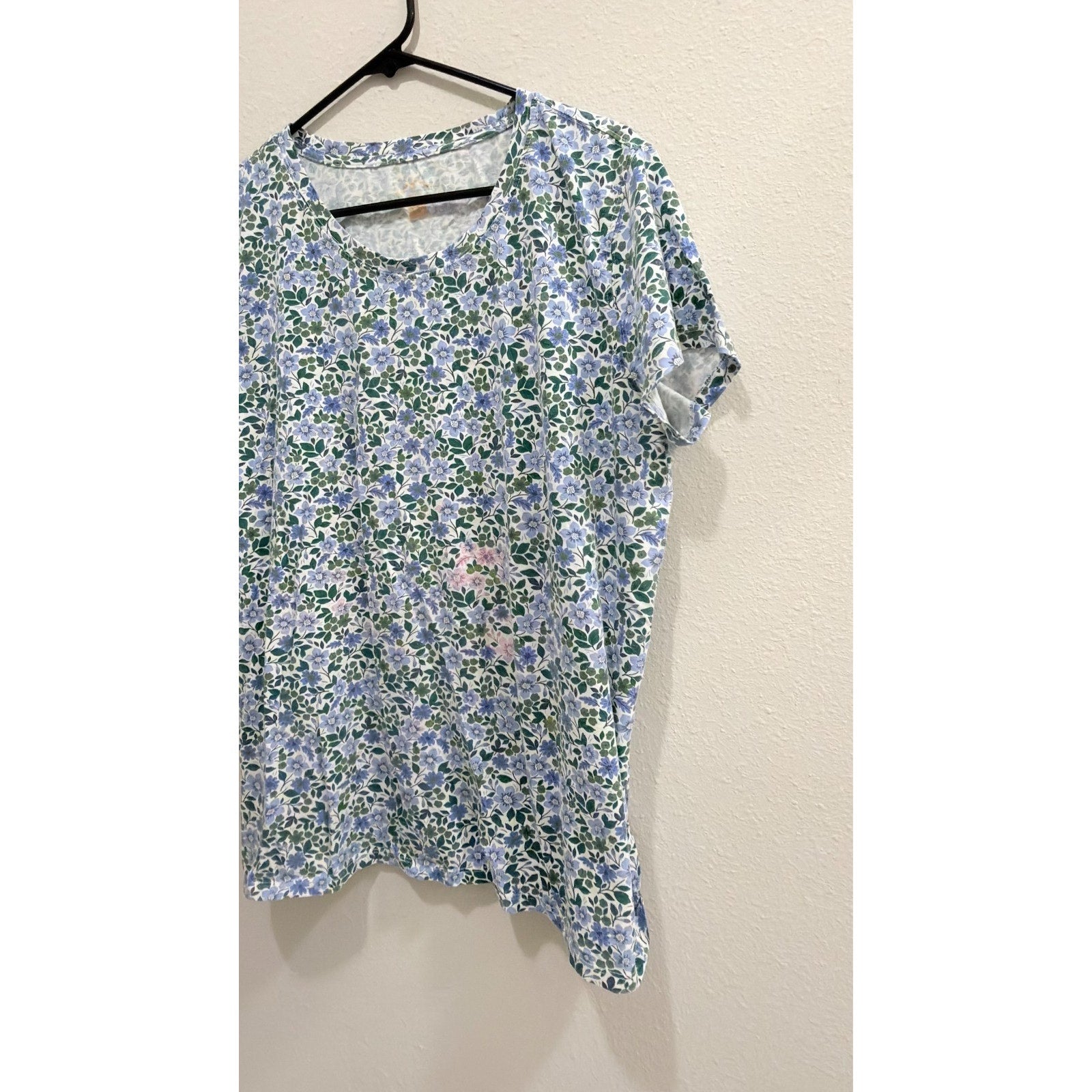 Blue Mountain Cobalt Blue & Green Floral Scoop Neck Tee - XL Preowned