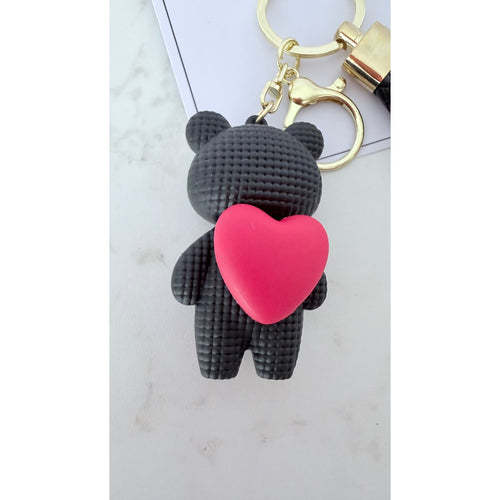 Creative Heart Bear Bag Charm Keychain – Black Braided Strap – New