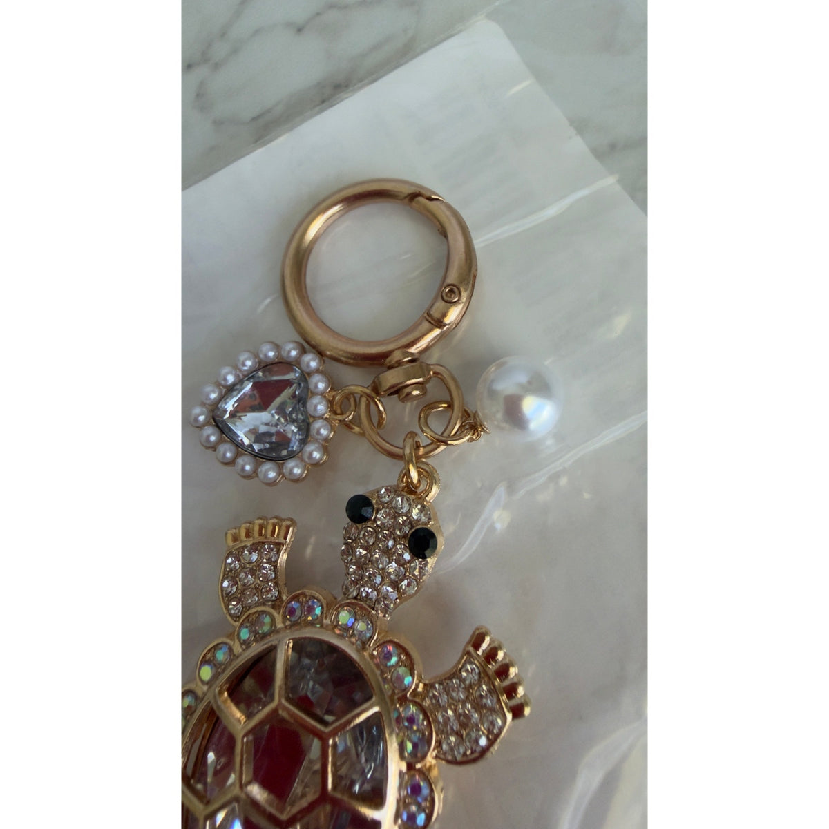 Ocean Style Gold Rhinestone Sea Turtle Keychain Bag Charm Heart & Pearl NEW