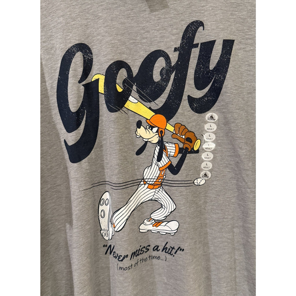 Disney Parks Goofy "Never Miss A Hit!" Ringer T-Shirt Large Baseball Tee NEW